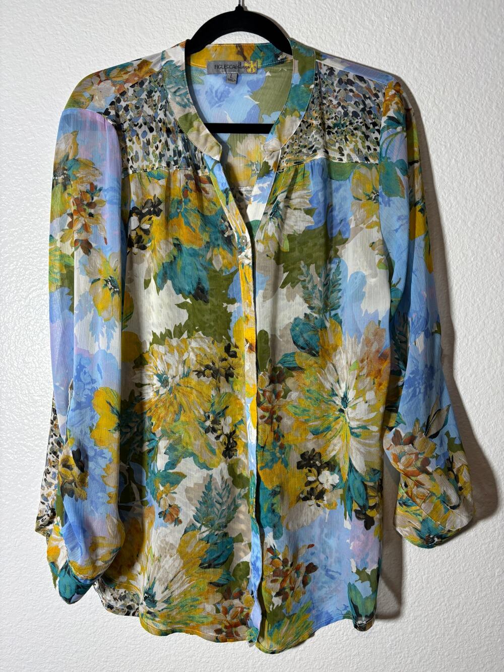 Figueroa & Flower Size L Sheer Floral Button-Up Long Sleeve Roll-Tab Blouse Top
